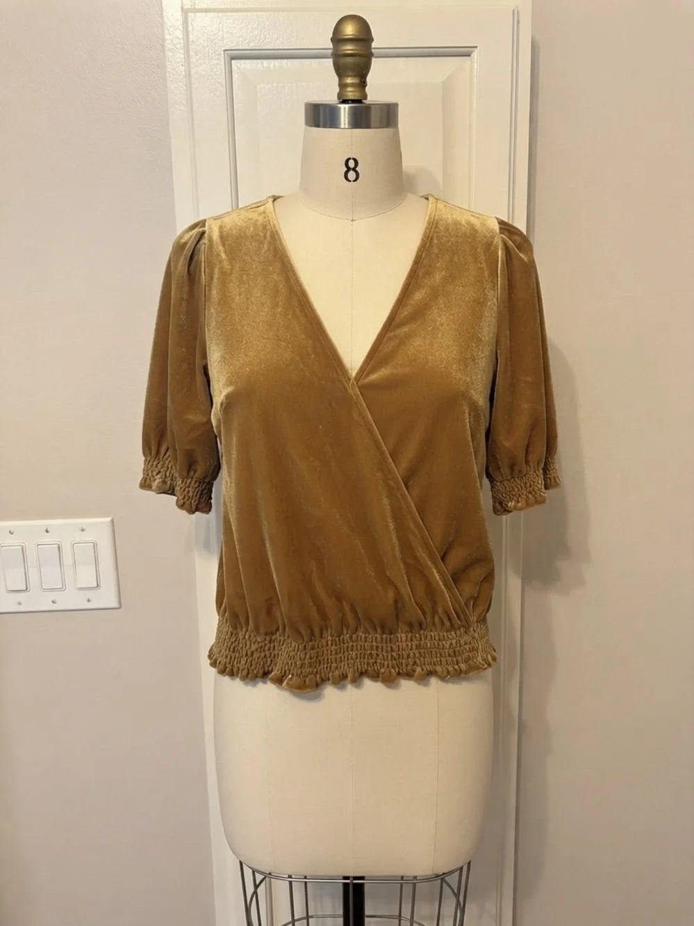Madewell Velvet Wrap V-Neck Puff Sleeve Top - Gold